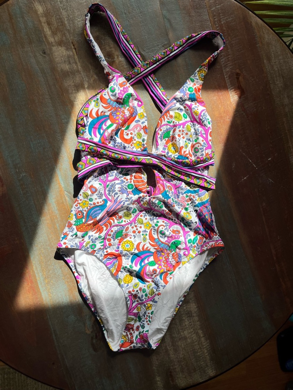 Trina Turk White One-Piece Swimsuit with Pink, Orange & Green Paisley Print